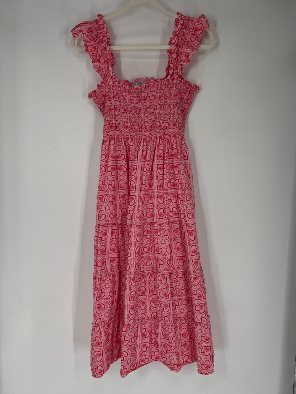 Hill House The Nap Dress Pink Heart-Print Ruffle Smocked Classic Midi Dress XL